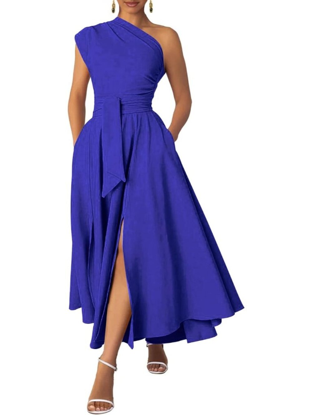 Women's Blue Formal Wedding Flattering A-line One Shoulder Belted Maxi Dress